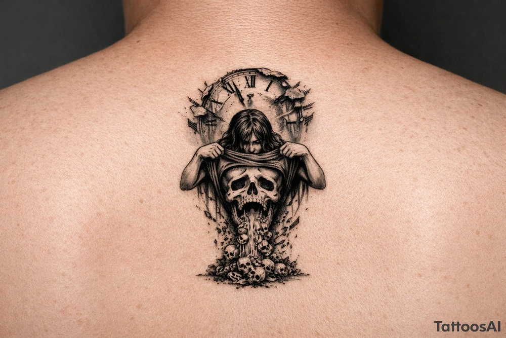 A clock being shredded apart by time with a woman pulling her shirt up to show a skull as her stomach puking death upon this world tattoo idea