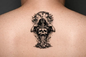 A clock being shredded apart by time with a woman pulling her shirt up to show a skull as her stomach puking death upon this world tattoo idea