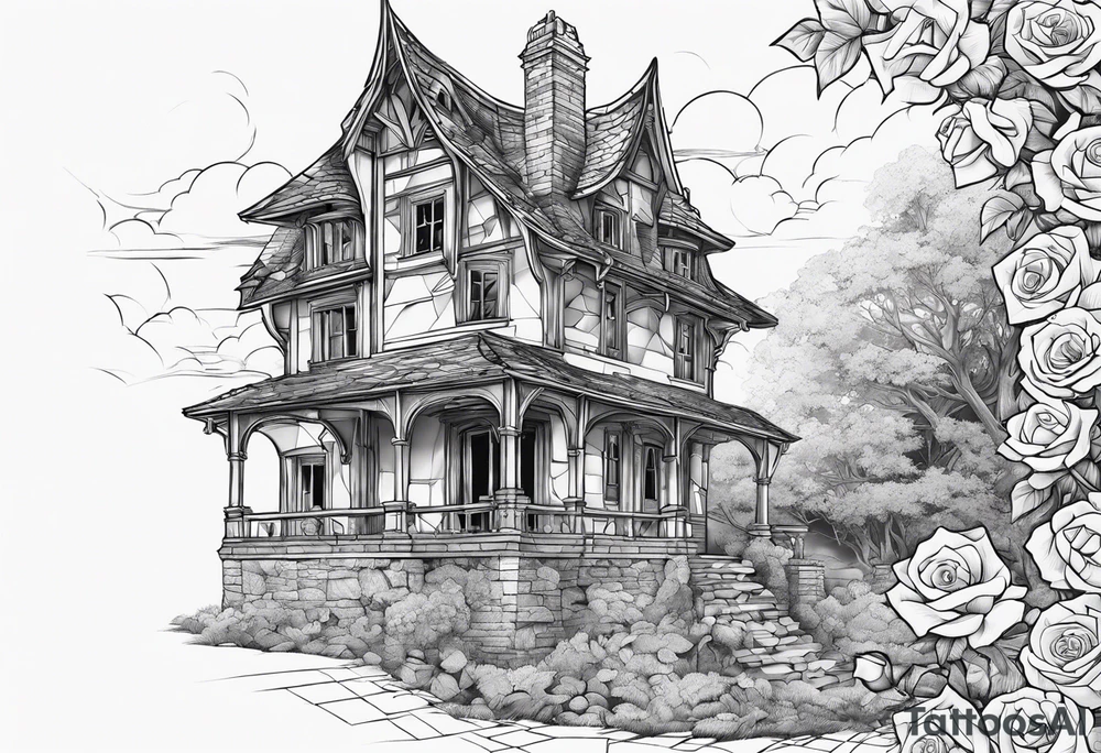 fool sleeve,, abandoned old gotic house, broken sword, roses, tattoo idea