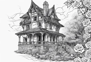 fool sleeve,, abandoned old gotic house, broken sword, roses, tattoo idea