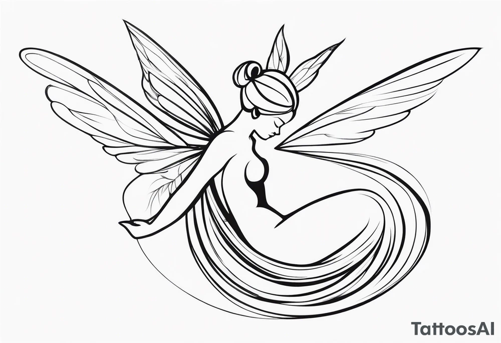Minimalistic, monochromatic fairy with a tail flying to the left in a fetal position, leaning and looking in the same direction, with visible hands, embodying the 'Fairy Tail' logo aesthetic. tattoo idea