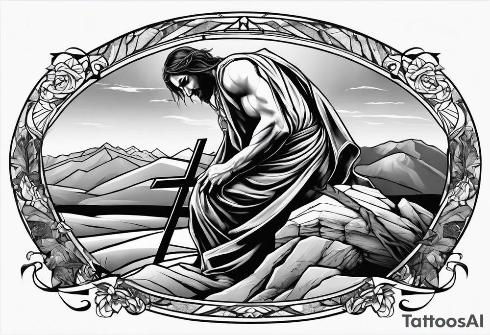 man crawling in a desert reaching to the cross of Christ tattoo idea