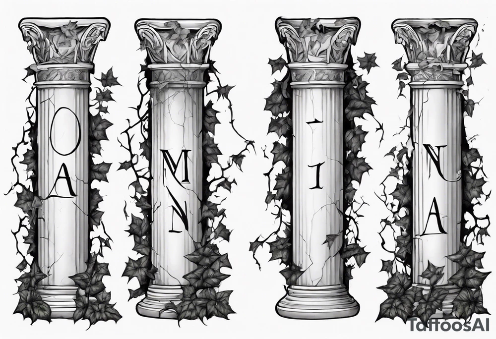 Half of a roman pillar with the word "OMNIA" inscribed on the top. It has cracks in the middle and overgrown ivy at the bottom. tattoo idea