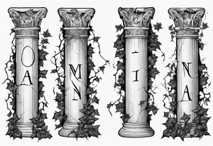 Half of a roman pillar with the word "OMNIA" inscribed on the top. It has cracks in the middle and overgrown ivy at the bottom. tattoo idea