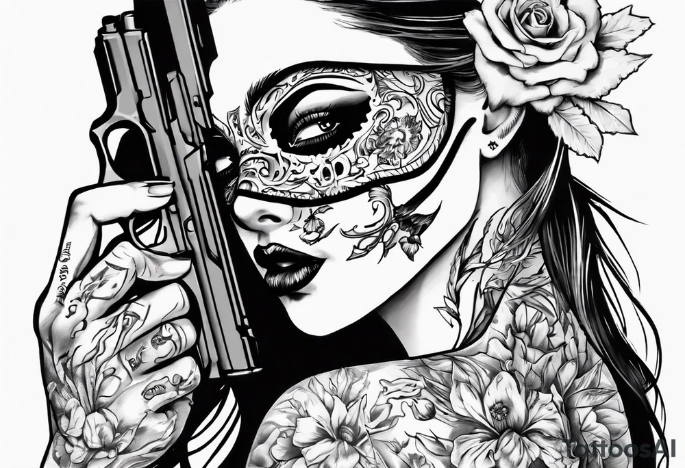 The girl’s face is covered with a mask, next to her is a hand with a pistol.  Sexy gun tattoo idea