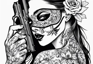 The girl’s face is covered with a mask, next to her is a hand with a pistol.  Sexy gun tattoo idea