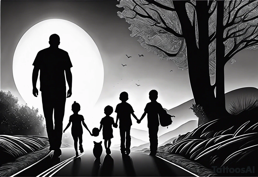 chest and sleeve sun rays with road and dad, daughter and son silhouette tattoo idea