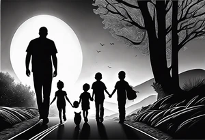 chest and sleeve sun rays with road and dad, daughter and son silhouette tattoo idea