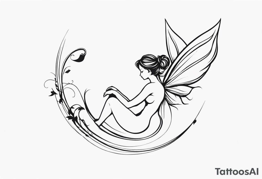 Minimalistic, monochromatic fairy with a tail flying to the left in a fetal position, leaning and looking in the same direction, with visible hands, embodying the 'Fairy Tail' logo aesthetic. tattoo idea