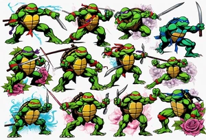 teenage mutant ninja turtles fighting in a city with floral accents tattoo idea