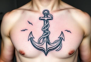 weathered anchor wrapped in nautical rope with sea waves tattoo idea