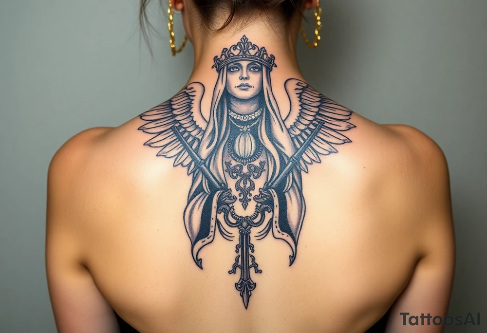 old angel statue (Santa Muerte style) criminal style tattooed and at the same time contemporary, weapons in hand, gangster-style gold necklaces tattoo idea