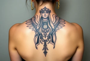 old angel statue (Santa Muerte style) criminal style tattooed and at the same time contemporary, weapons in hand, gangster-style gold necklaces tattoo idea