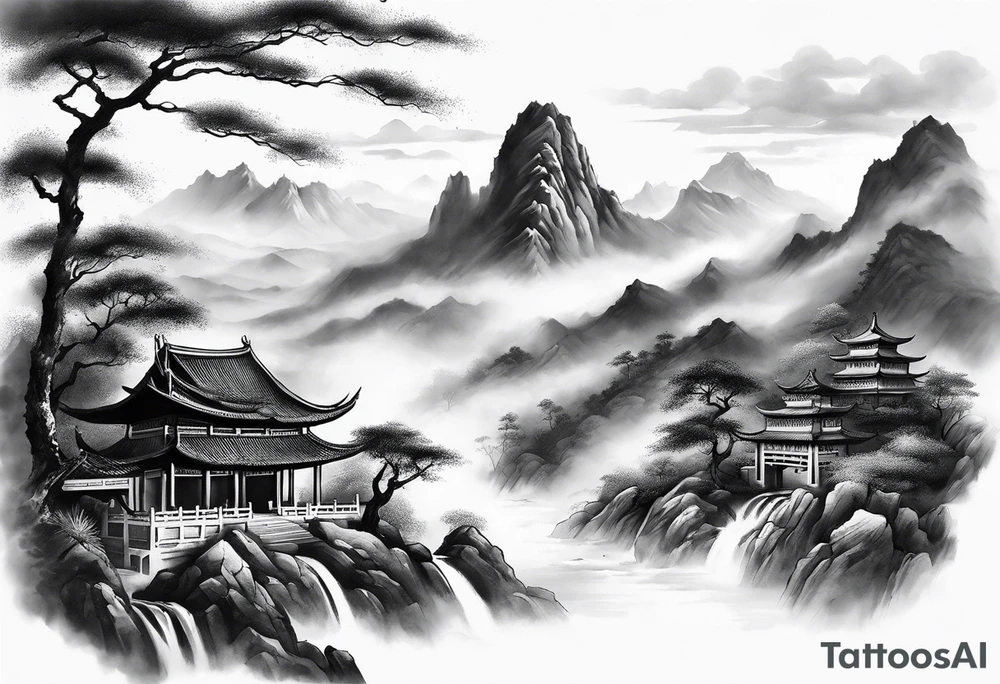 forearm sleeve traditional chinese art painting style mountains mist fog waterfall Chinese temple two figures wearing robes tattoo idea