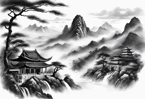 forearm sleeve traditional chinese art painting style mountains mist fog waterfall Chinese temple two figures wearing robes tattoo idea