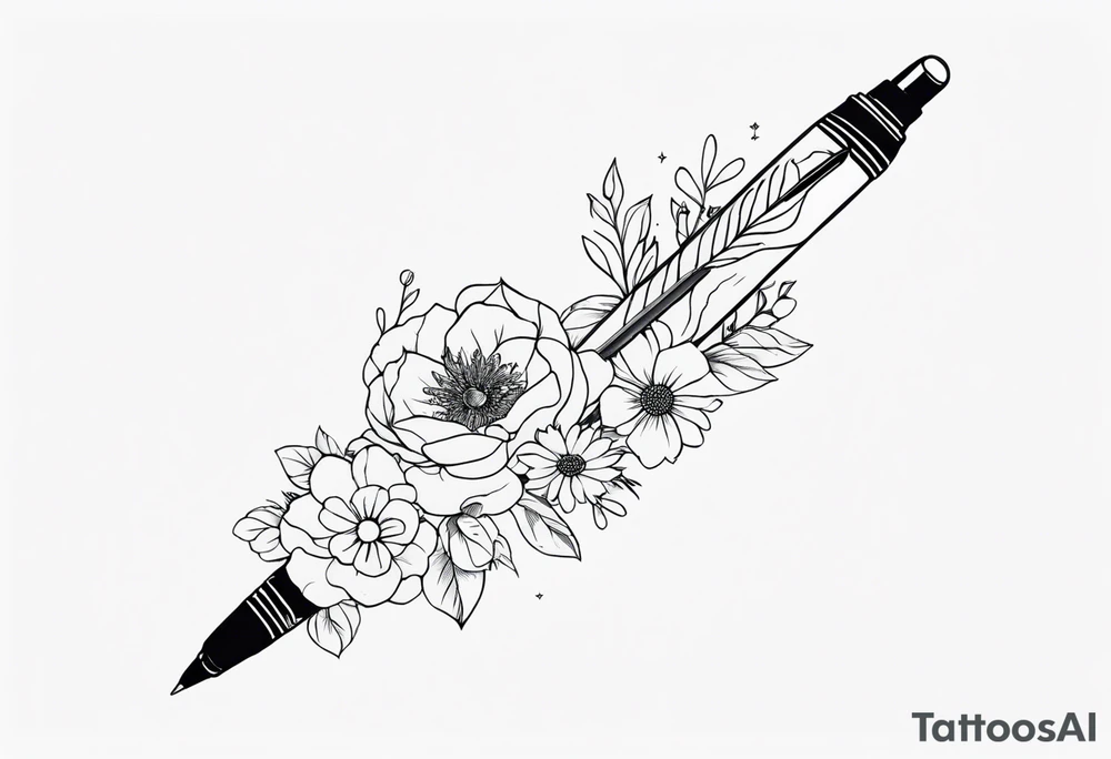 pen wrapped in flowers tattoo idea