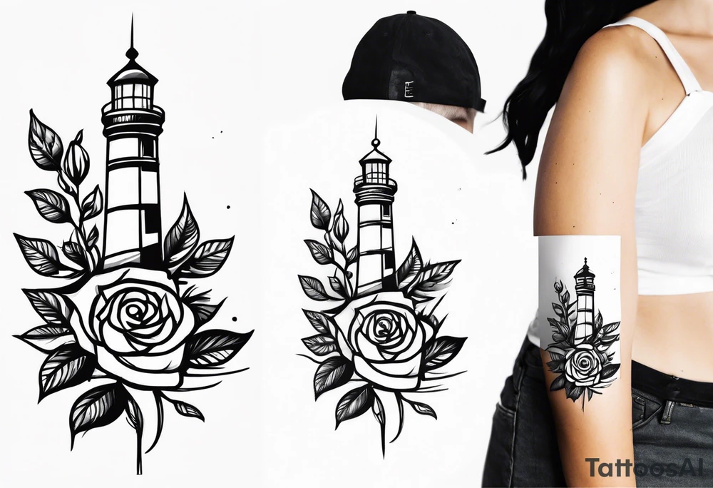 Leuchtturm und Rose schwarz tattoo idea