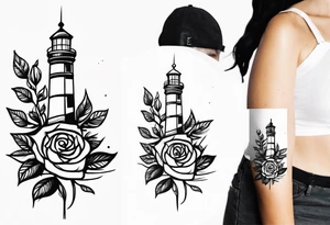 Leuchtturm und Rose schwarz tattoo idea