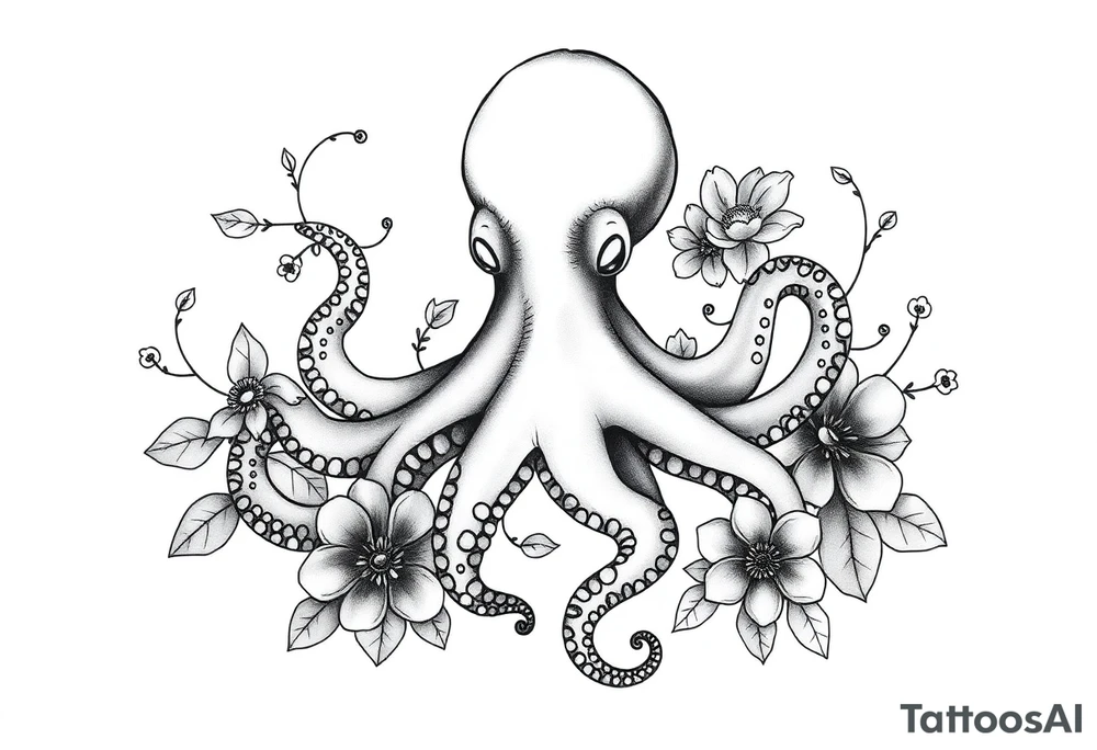 realistic octopus, detailed linework, intricate, black-and-grey shading, surrounded by floral ornaments, intertwining and merging with flowers, thin black swirling lines, semi-transparent brown leaves, dotwork, ornamental flourishes, radiating design, fine-line style, minimalistic, organic flow, feminine, artistic, slightly surreal, seamless composition, marine botanical fusion, lifelike texture, graceful rhythm, smooth shading, soft leaves wrapping, blooming shoulder flower, outward radiating pattern, vine tentacle flow, integrated sea creature, botanical octopus curved body placement, natural organic movement tattoo idea