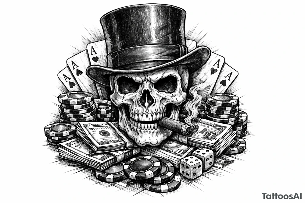 skull with cigar in his mouth,top-hat surrounded by poker-chips,paying cards and money. tattoo idea