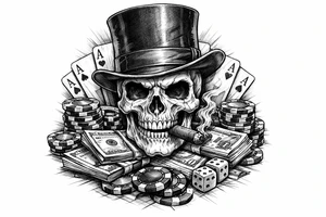 skull with cigar in his mouth,top-hat surrounded by poker-chips,paying cards and money. tattoo idea
