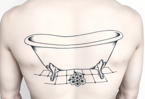clawfoot bathtub with visible tile bathroom floor and a small bouquet of flowers on the floor tattoo idea