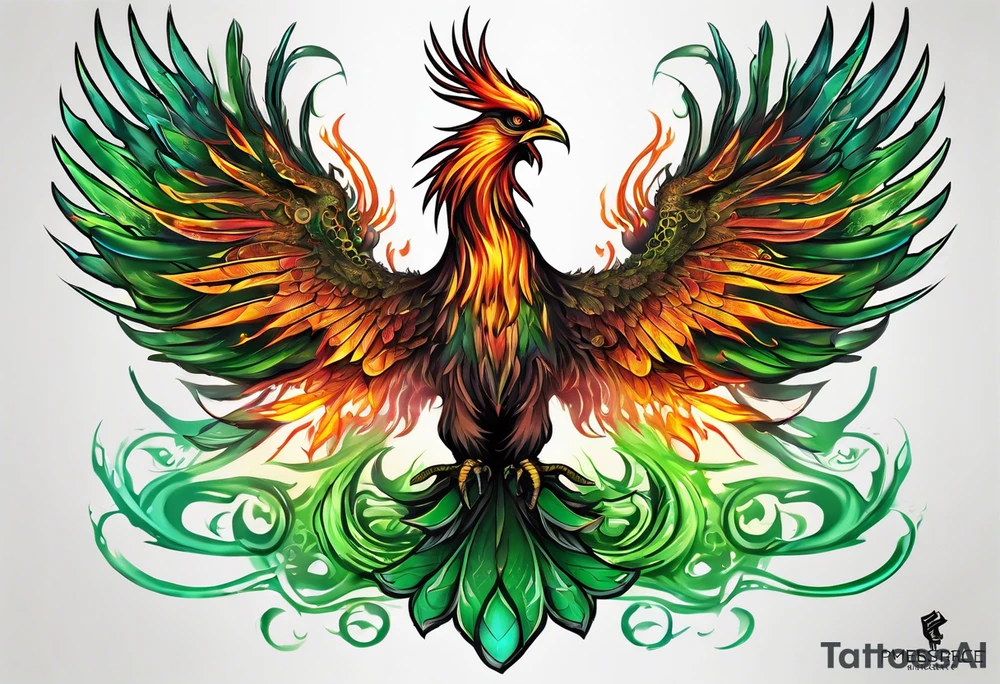 Phoenix rising from green ashes tattoo idea