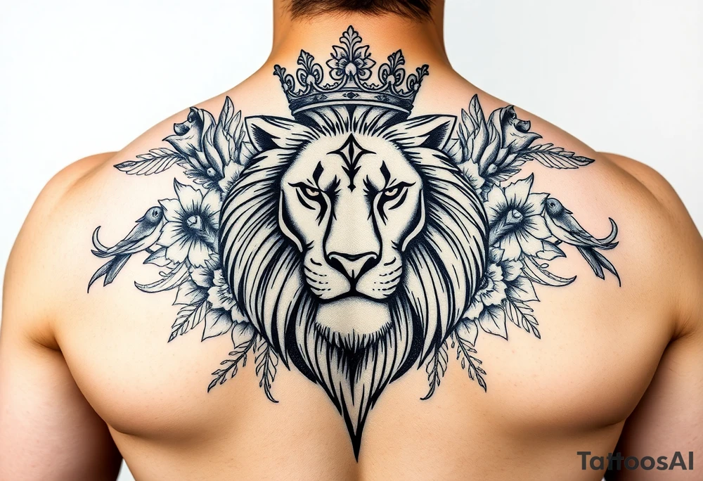 powerful majestic lion with a crown, surrounded by floral ornaments and birds tattoo idea