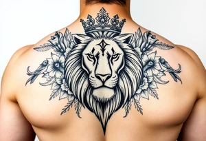 powerful majestic lion with a crown, surrounded by floral ornaments and birds tattoo idea
