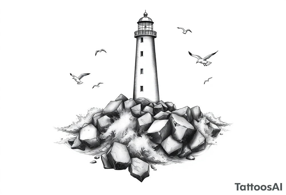 Lighthouse surrounded by boulders in the sea with high waves and seagulls flying around tattoo idea