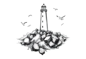 Lighthouse surrounded by boulders in the sea with high waves and seagulls flying around tattoo idea