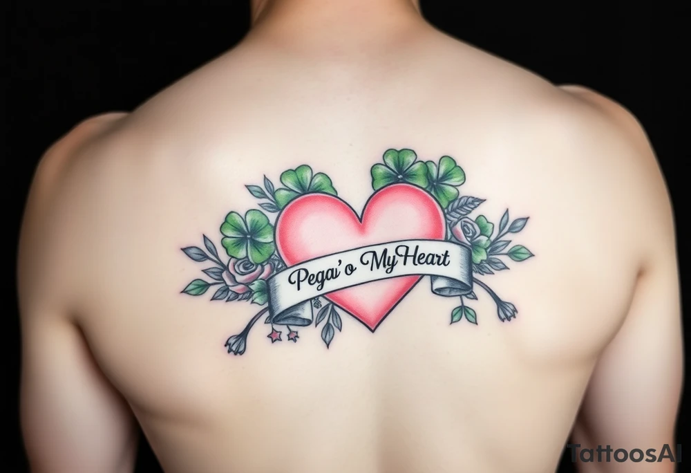 Bunch of Green shamrocks & a few red roses with a big Pink heart and a banner across the heart that says " Peg'o My Heart" tattoo idea