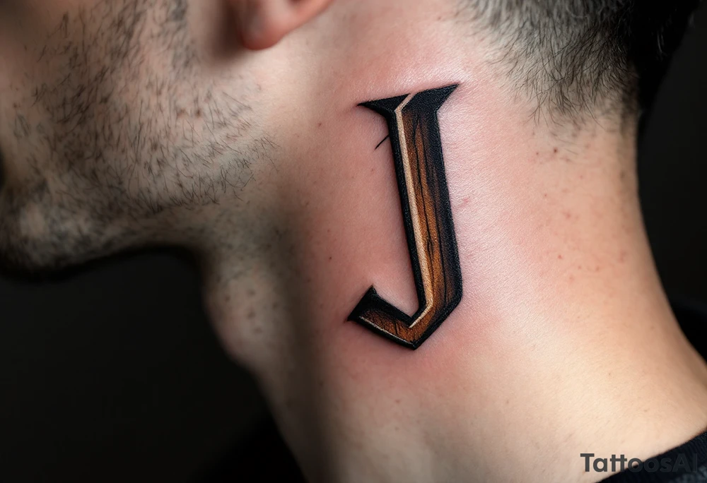 Rustic "J" etched in wood-grain texture with warm brown and amber tones. tattoo idea