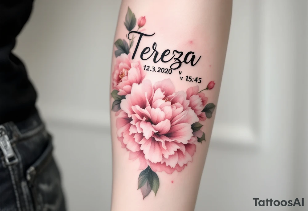 Elegant script of "Tereza" with her birth date 12.3.2020 v 15:45 framed by soft pastel pink peonies tattoo idea