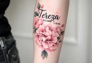 Elegant script of "Tereza" with her birth date 12.3.2020 v 15:45 framed by soft pastel pink peonies tattoo idea