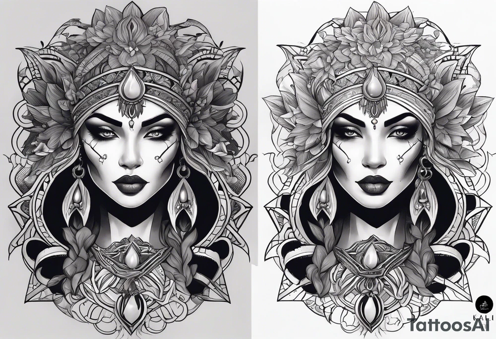 kali, alien goddess, valkrye, pirate, zenza resonance, pachamama, lotus azul, blank panther, eagle, skull, 5D, nueva gaya, dna 12 tattoo idea