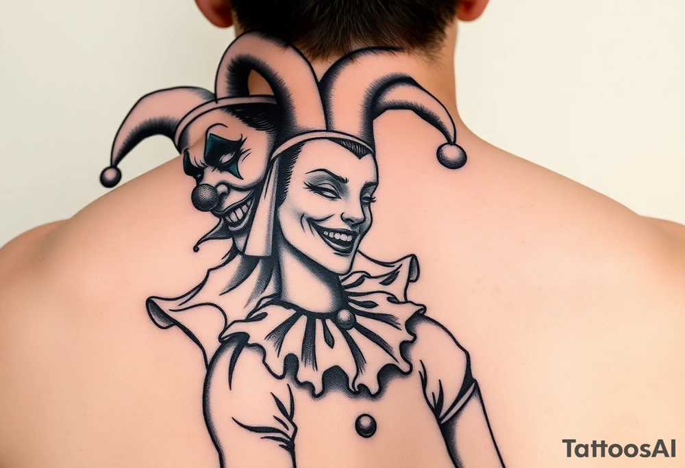 jester clown behind female jester making her smile tattoo idea