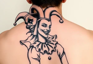 jester clown behind female jester making her smile tattoo idea