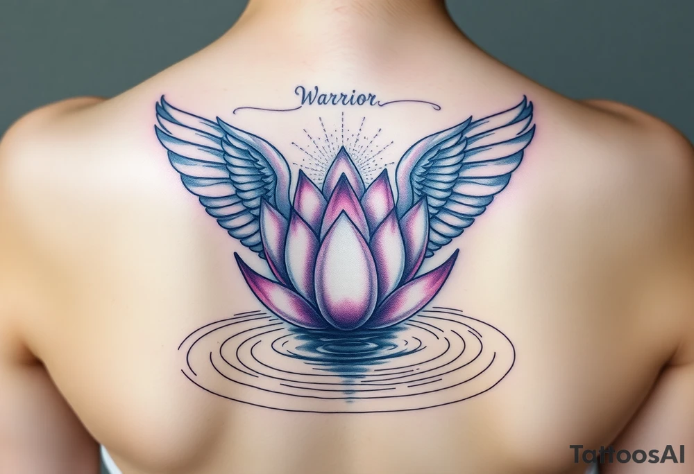 serene lotus flower emerging from sacred waters with ripples beautiful angel wing with word "Warrior" tattoo idea