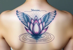 serene lotus flower emerging from sacred waters with ripples beautiful angel wing with word "Warrior" tattoo idea