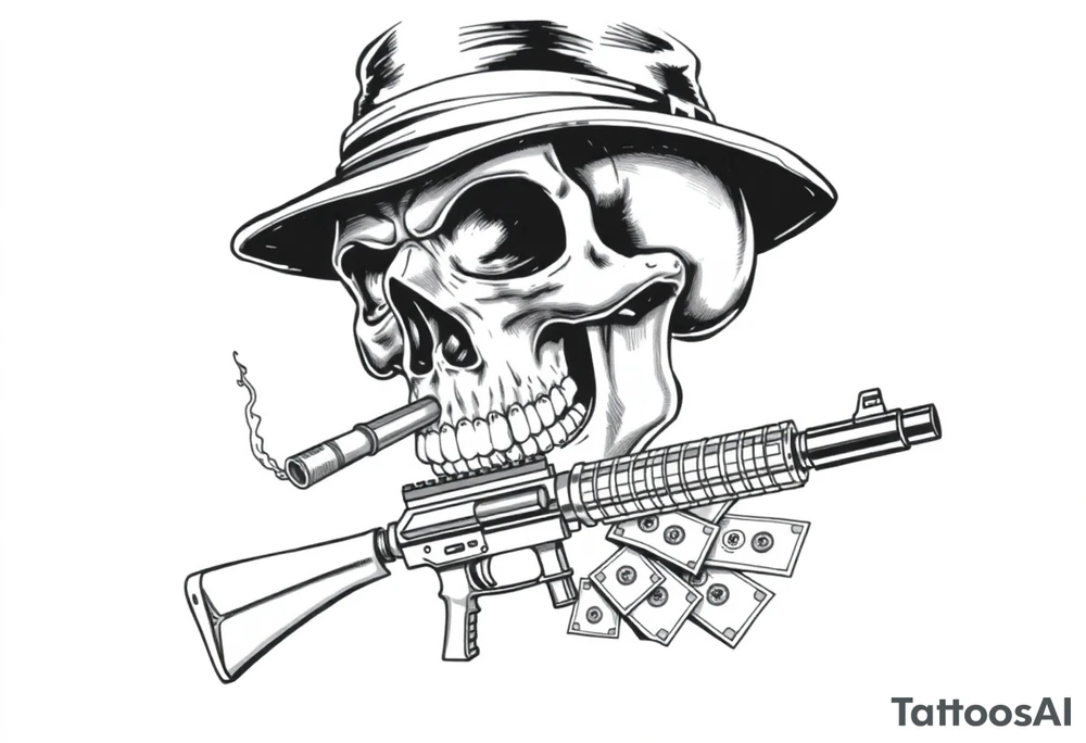 skull with gangster-hat,cigar in his mouth,a machine gun in his hands surrounded by money. tattoo idea