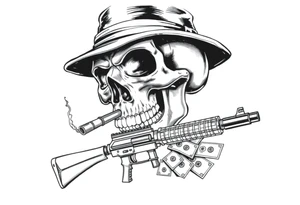 skull with gangster-hat,cigar in his mouth,a machine gun in his hands surrounded by money. tattoo idea