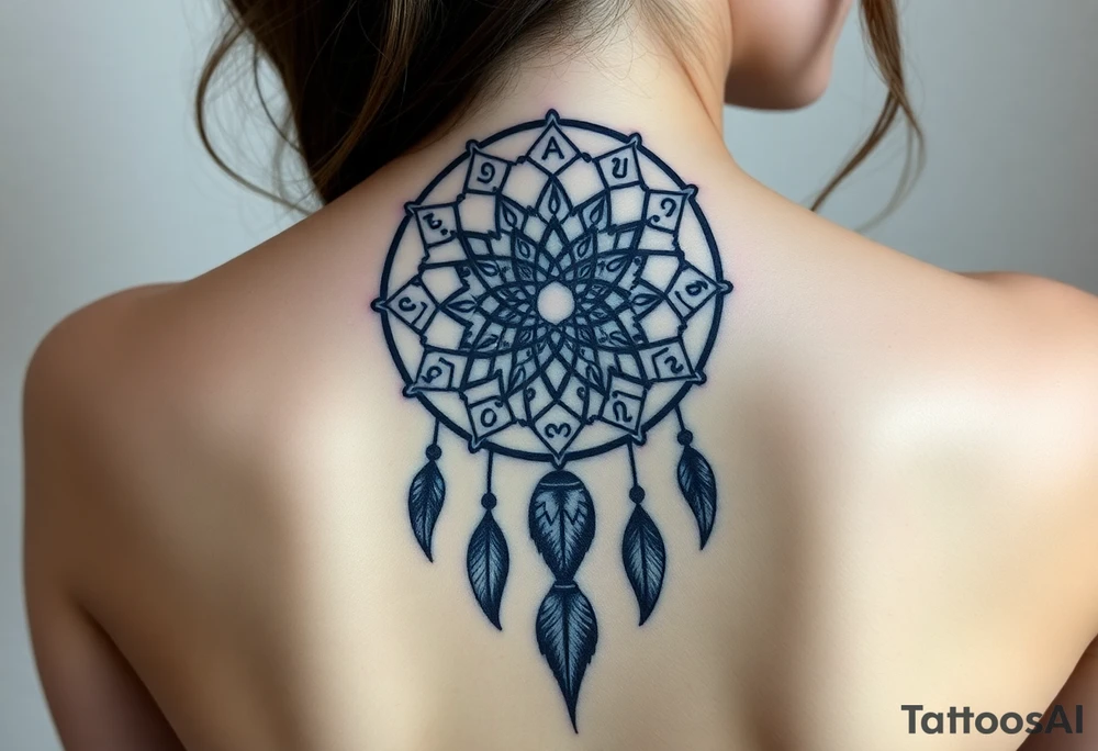 Dreamcatcher with zodiac symbols and protection runes caught in it with wolf teal tattoo idea