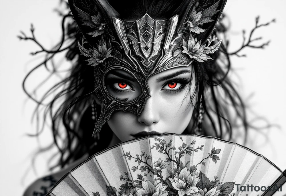 Woman samurai with red eyes wearing an half and broken kitsune mask, holding a japanese fan with belamcada flowers tattoo idea