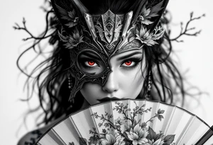 Woman samurai with red eyes wearing an half and broken kitsune mask, holding a japanese fan with belamcada flowers tattoo idea