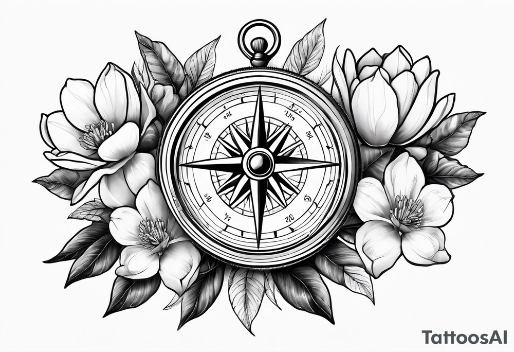 nautical compass with magnolia flowers tattoo idea