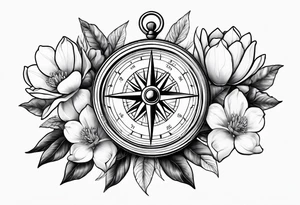nautical compass with magnolia flowers tattoo idea