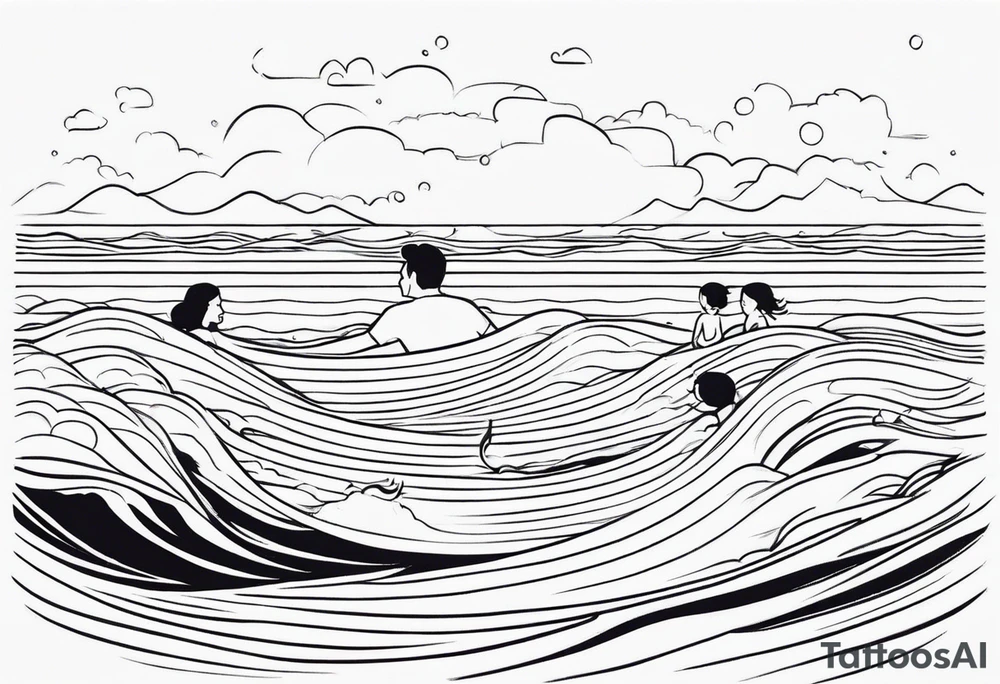 Black and white Line work tattoo with a dad and his two toddler daughters in the ocean. tattoo idea