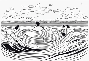Black and white Line work tattoo with a dad and his two toddler daughters in the ocean. tattoo idea