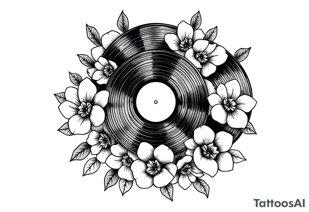 vinyl records surrounded by flowers tattoo idea